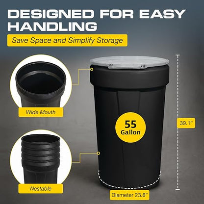 Eagle Plastic Drum, 55 Gallon Drum, DOT Compliant, Made in USA, Black | High-Density-Polyethylene, Open Head Lab Pack Drum, Metal Lever-Lock with Bung Lid, Hazardous Material Storage, Transport
