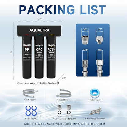 AQUALTRA USF-3B-15 Slightly Alkaline Under Sink Water Filter System, 8K-40K Gal, Reduce PFOA, PFOS, Chlorine, Lead, Mercury, Chloramine, Fluoride, Microplastics Particles, Bad Taste & Odor