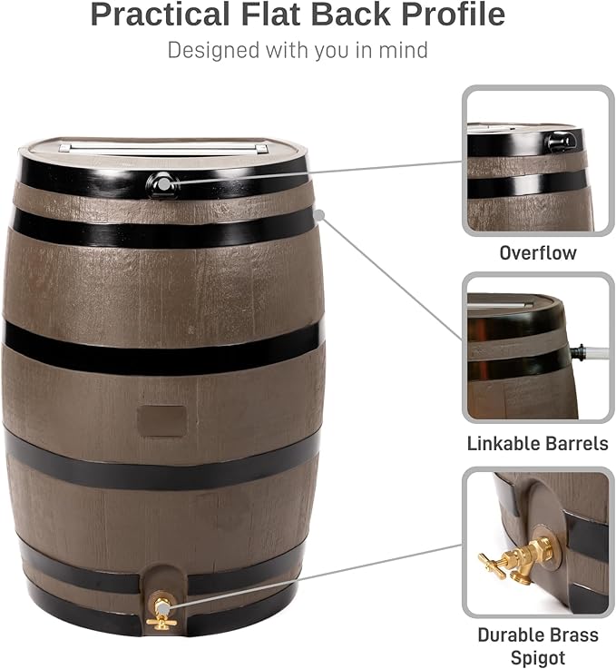 RTS Home Accents 50-Gallon Rain Barrel, Flat Back Rain Water Collection Barrel, Woodgrain with Black Stripes