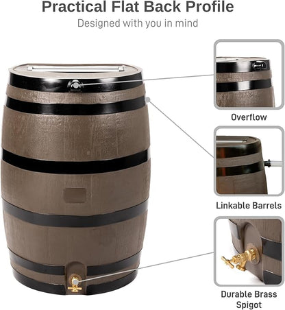 RTS Home Accents 50-Gallon Rain Barrel, Flat Back Rain Water Collection Barrel, Woodgrain with Black Stripes