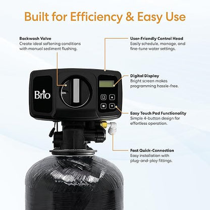 Brio WSFS1668 Whole House Water Softener System, 1-2 Bathrooms, 24,000 Grains, 6-7 GPM, 8" x 44" Resin Tank, High-Efficiency Valve Head, Fully Compatible w/Existing Water Filtration System
