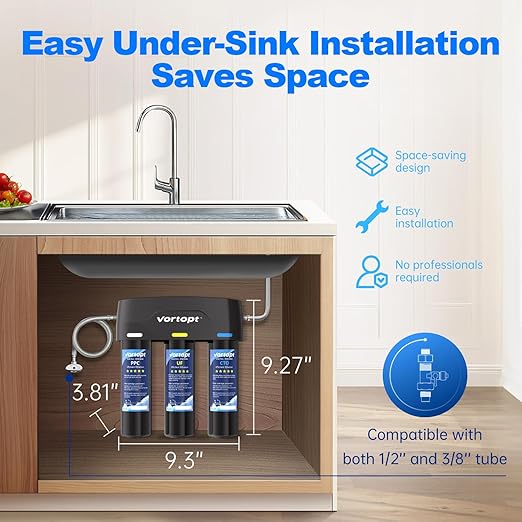 Vortopt F03 Under-Sink & Countertop Filtration,3 Stage Water Filter System with 0.01 Micron UF Membrane,Reduces Chlorine,Sediment,Odor,Retains Minerals,High Flow & Easy Install,NOT for TDS Reduction.