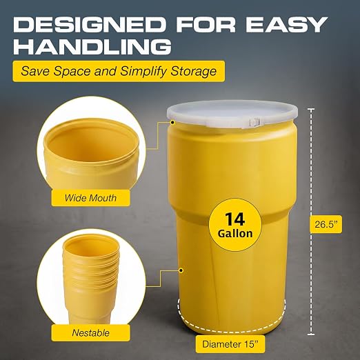 Eagle Plastic Drum, 14 Gallon Drum, DOT Compliant, Made in USA, Yellow | High-Density-Polyethylene Construction, Open Head Lab Pack Drum, Plastic Lever-Lock Lid, Hazardous Material Storage,Transport