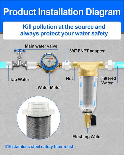 Whole House Water Filter, 1/2 Inch 40 Micron Spin Down Sediment Prefilter System, 3/4" MNPT,BPA-Free Heavy Duty Brass