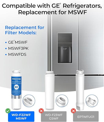 Waterdrop MSWF Refrigerator Water Filter, Replacement for GE® MSWF, 101820A, 101821B, RWF1500A, NSF 42&372 Certified, Pack of 3 (Package May Vary)