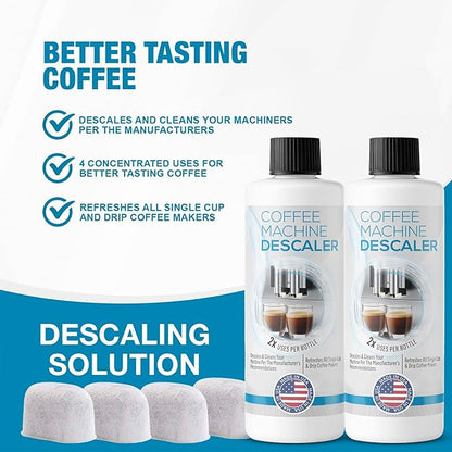 FreshFlow Keurig Compatible Descaling Solution - Descaler Cleaner Concentrate Kit For All 1.0 & 2.0 K-Cup Pod Machines and Espresso Machines - (2 Bottles, 4 Uses Plus 4 Filters)
