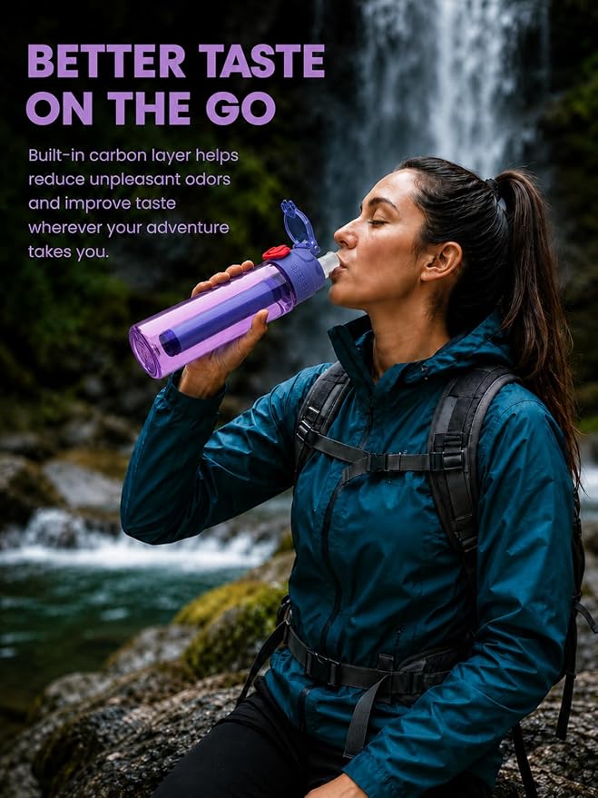22oz Water Filter Bottle, Portable Outdoor Filtered Water Bottle with Multi-Layer Filtration, Improves Taste & Reduces Odor, BPA-Free Reusable Bottle for Hiking, Camping & Travel (Purple)