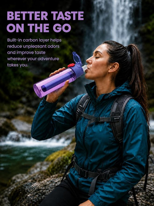 22oz Water Filter Bottle, Portable Outdoor Filtered Water Bottle with Multi-Layer Filtration, Improves Taste & Reduces Odor, BPA-Free Reusable Bottle for Hiking, Camping & Travel (Purple)