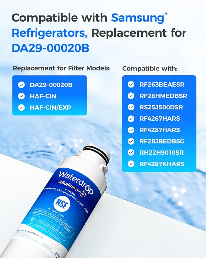 Waterdrop Alkaline WD-F27-AL Replacement for Samsung® Refrigerator Water Filter HAF-CIN/EXP, DA29-00020B, HAF-CIN, DA97-08006A-1, RF28HMEDBSR, RF263BEAESR, RS25J500DSR, RF263TEAESG, 2 Pack