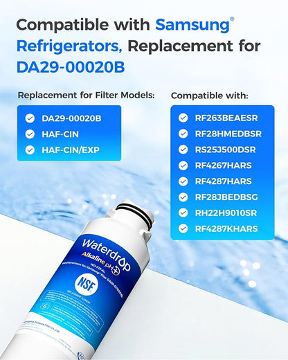 Waterdrop Alkaline WD-F27-AL Replacement for Samsung® Refrigerator Water Filter HAF-CIN/EXP, DA29-00020B, HAF-CIN, DA97-08006A-1, RF28HMEDBSR, RF263BEAESR, RS25J500DSR, RF263TEAESG, 2 Pack