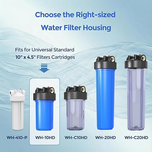 Whole House Water Filter Housing (WH-10HD), 10" x 4.5" Sediment Carbon Filter Universal Housing, Pre-Filtration System for Well and City Water, 1" NPT Port, Pressure Release