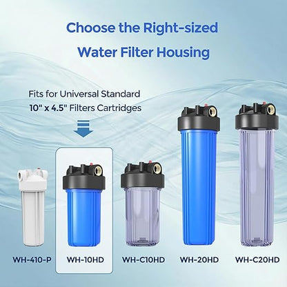 Whole House Water Filter Housing (WH-10HD), 10" x 4.5" Sediment Carbon Filter Universal Housing, Pre-Filtration System for Well and City Water, 1" NPT Port, Pressure Release