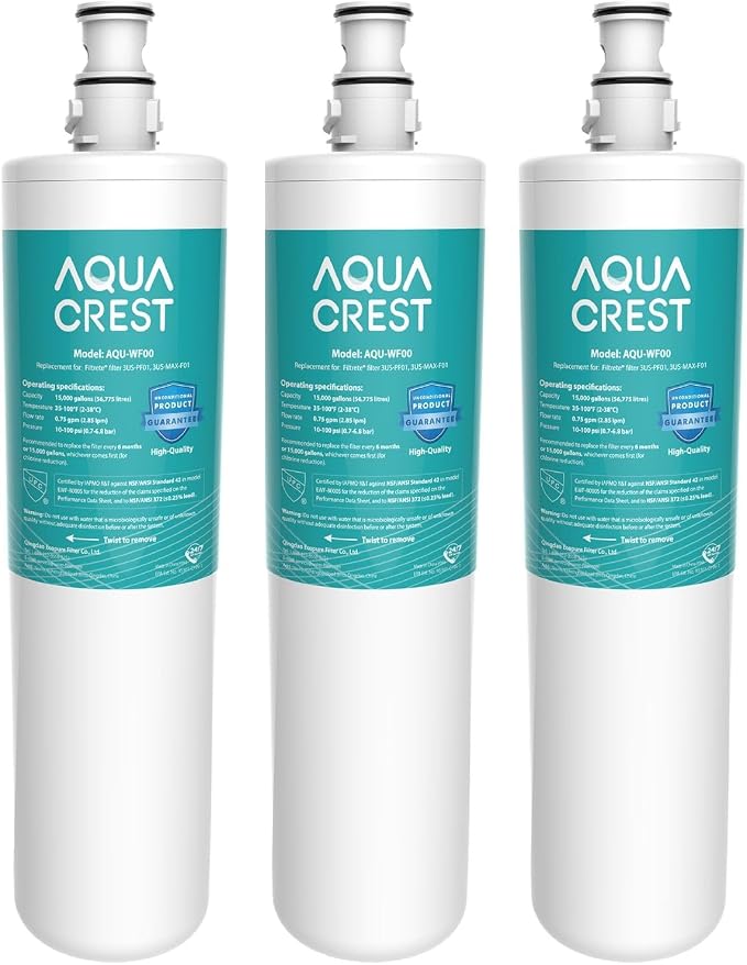 AQUA CREST 3US-PF01 Water Filter Replacement for Filtrete® 3US-PS01, 3 Pack | Compatible with Filtrete® 3US-MAX-F01H, 3US-PF01H, HF20 HF25 HF27, Manitowoc K-00337, K-00338, Delta RP78702, NSF/ANSI 42