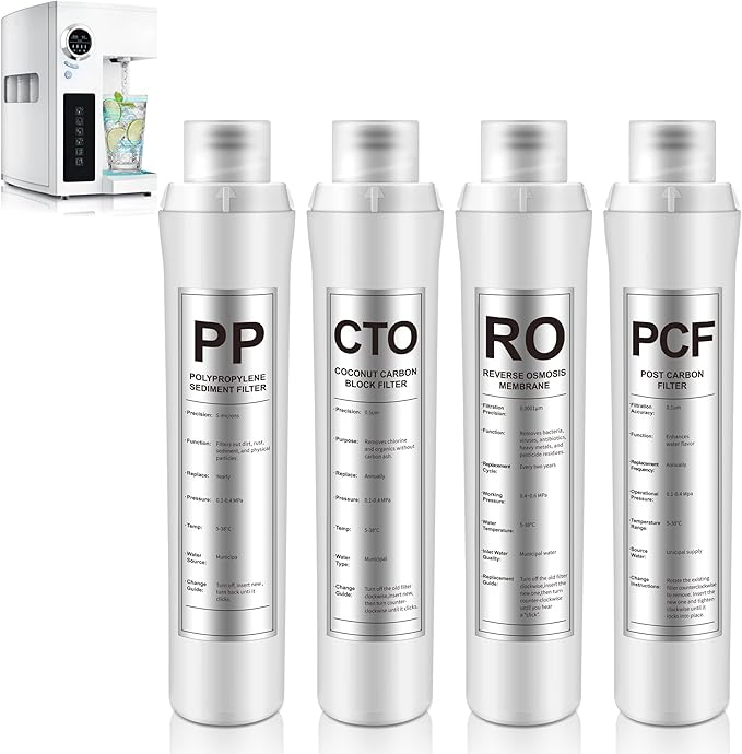 4 Pack Water Filter Replacement Compatible with Bluevua RO100ROPOT, Water Filters Set, 1 PP, 1 CTO, 1 RO, 1 PCF, Improved Drink Quality, Easy to Replace for Household Daily Use