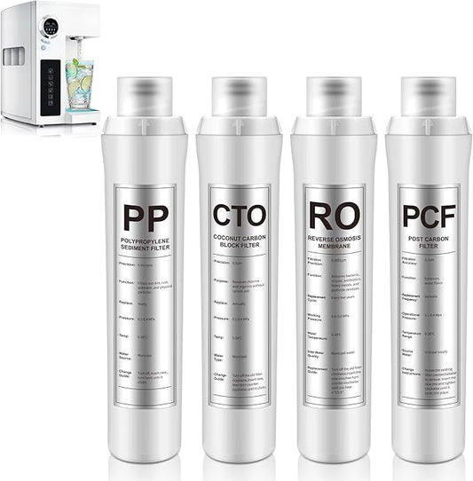 4 Pack Water Filter Replacement Compatible with Bluevua RO100ROPOT, Water Filters Set, 1 PP, 1 CTO, 1 RO, 1 PCF, Improved Drink Quality, Easy to Replace for Household Daily Use