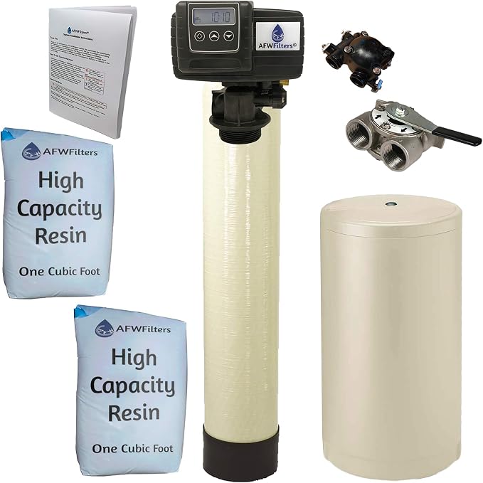 AFWFilters 2 cubic Foot (64k) Whole Home Water Softener with High Capacity Resin, 1" Stainless Steel FNPT Connection, and Almond Tanks