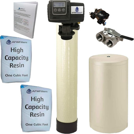AFWFilters 2 cubic Foot (64k) Whole Home Water Softener with High Capacity Resin, 1" Stainless Steel FNPT Connection, and Almond Tanks