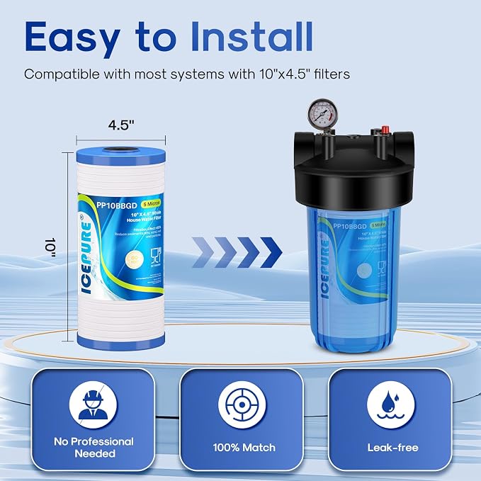 ICEPURE 5 Micron 10" x 4.5" Whole House Grooved Sediment Filter, Replacement for 3M Aqua-Pure AP810, AP801, AP811, Whirlpool WHKF-GD25BB, GE FXHTC, GXWH40L, GXWH35F, GNWH38S, 3PACK