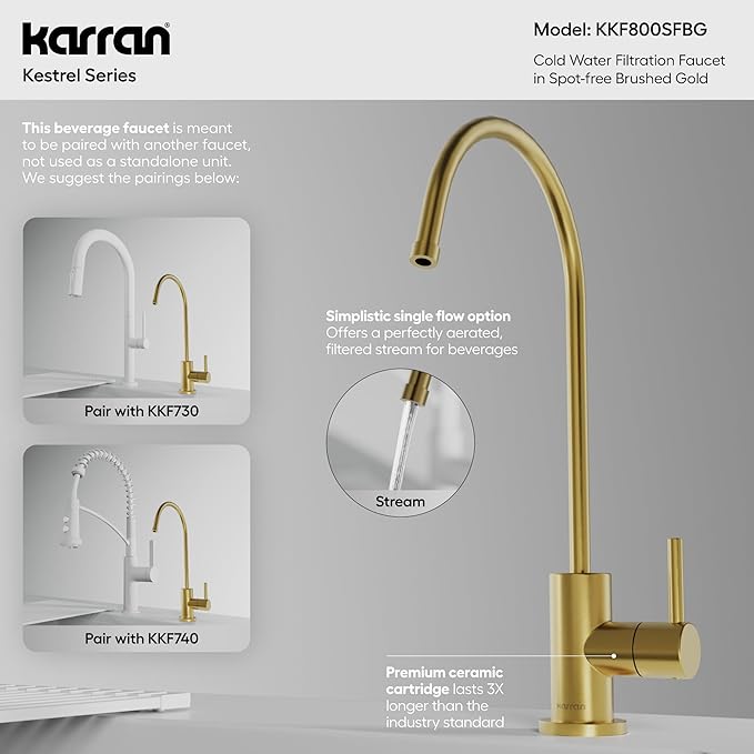 Karran Kestrel Single-Handle Filtered Water Faucet in Brushed Gold 100% Lead-Free Brass, RO/Filtration System Ready, 360° High-Arc Spout, Spot-Free Finish Beverage Faucet (Spot Free Brushed Gold)