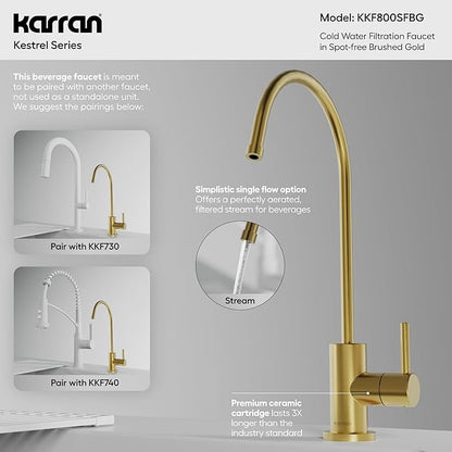 Karran Kestrel Single-Handle Filtered Water Faucet in Brushed Gold 100% Lead-Free Brass, RO/Filtration System Ready, 360° High-Arc Spout, Spot-Free Finish Beverage Faucet (Spot Free Brushed Gold)