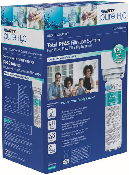 Watts Premier H2O-DWCBTP100 Single-Stage Total PFAS Reduction Under Counter Water Filtration System, Reduces Forever Chemicals, High Flow Rate 1.5 GPM, 1/4 Turn Quick Change, 1,900 Gallon Capacity