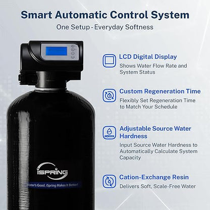 iSpring WCSTB45KG Whole House Water Softener System, 45,000 Grains High Capacity Water Softener Removes Hard Water and Scale, Automatic Backwash and Regeneration, for Whole House & Commercial Use