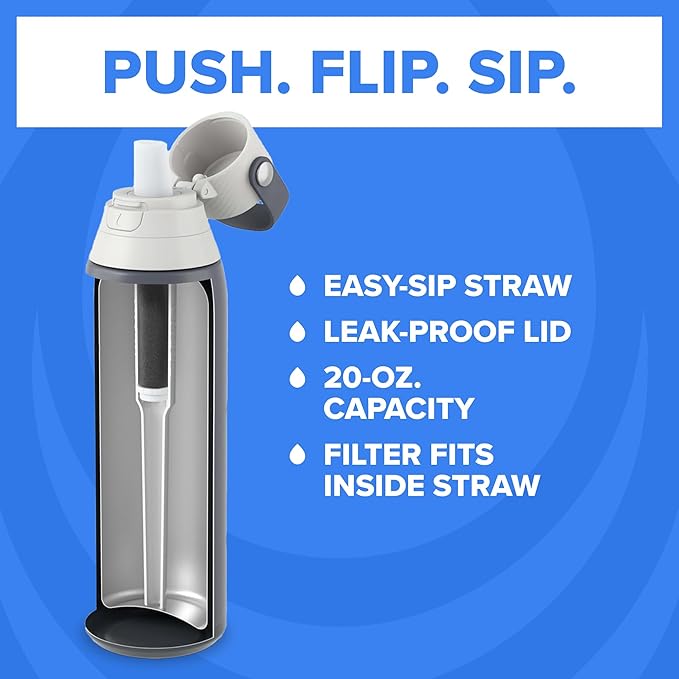Brita Stainless Steel Premium Filtering Water Bottle, BPA-Free, Reusable, Insulated, Replaces 300 Plastic Water Bottles, Filter Lasts 2 Months or 40 Gallons, Includes 1 Filter, Carbon - 20 oz