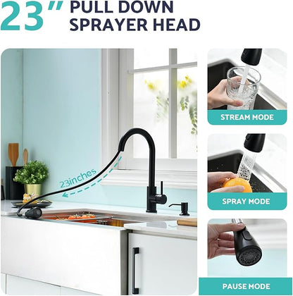 Kicimpro Black Kitchen Sink Faucet with Soap Dispenser, 3 Modes Black Kitchen Faucet with Pull Down Sprayer and Soap Dispenser, 304 Stainless Matte Single Handle Kitchen Faucets with Water Lines