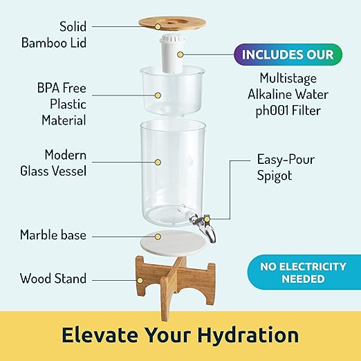 Invigorated Water pH Recharge Glass Alkaline Water Dispenser Filter System - Countertop Purifier Pitcher for Home and Office - High pH Pure Drinking Water Filtration - 36 Cups (Bamboo Marble Set)