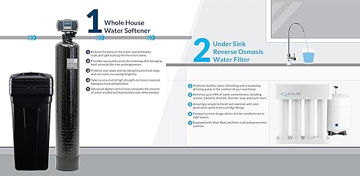 Aquasure 64,000 Grains Whole House Water Filter Bundle with Automatic Digital Metered Control Softener and 75 GPD RO Reverse Osmosis Drinking System | Removes Hardness | Ideal for 4-6+ bathrooms