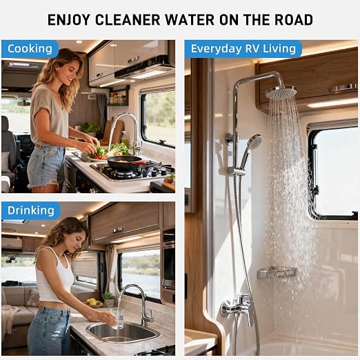 3-Stage RV Water Filter System, 0.01 Micron UF Filter, 1" Brass Inlet/Outlet, 90° Elbow Adapter, Reduces Sediment, Heavy Metals, Chlorine and More, Cleaner Water for RVs, Campers and Trailers