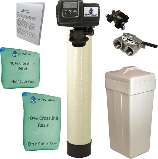 AFWFilters 1.5 Cubic Foot (48k) Whole Home Water Softener with Durable 10% Crosslink Resin, 1" Stainless Steel FNPT Connection, and Almond Tanks
