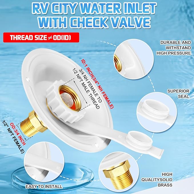 FANOVO RV City Water Inlet with Check Valve,RV Water Inlet Replacement 3/4 NH Female to 1/2 NPT Male RV Water Fill Inlet,City Water Connection for RV Marine Camper Motorhome Trailer