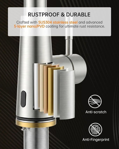 APPASO Kitchen Faucet Touchless with Soap Dispenser and Pull Down Sprayer | S304 Stainless Steel Brushed Nickel Motion Sensor Hands Free Sink Faucets 2 Modes with cUPC Lead-Free Certified Water Hoses