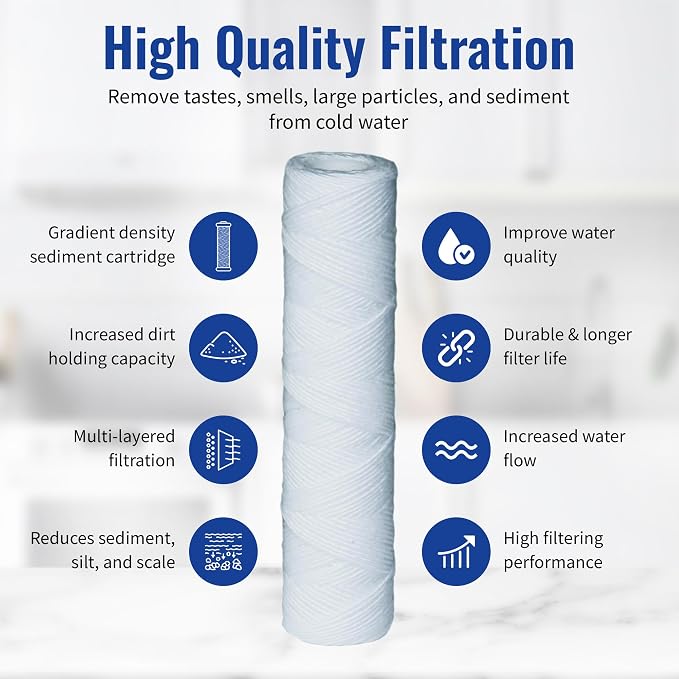 CFS String Wound Sediment Filters for GE FXWSC, 10 x 2.5 in, 12 Pack | Also fits CW-MF, WP5, 155187-43, SWC-25-1020 & other standard housings; depth filtration, a year of monthly changes