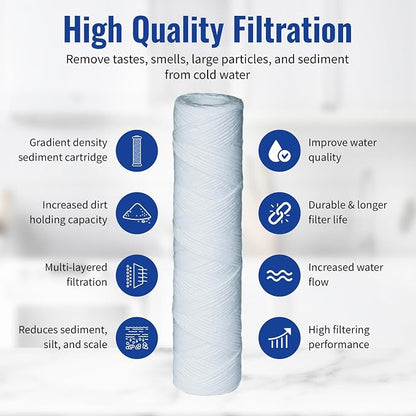 CFS String Wound Sediment Filters for GE FXWSC, 10 x 2.5 in, 12 Pack | Also fits CW-MF, WP5, 155187-43, SWC-25-1020 & other standard housings; depth filtration, a year of monthly changes