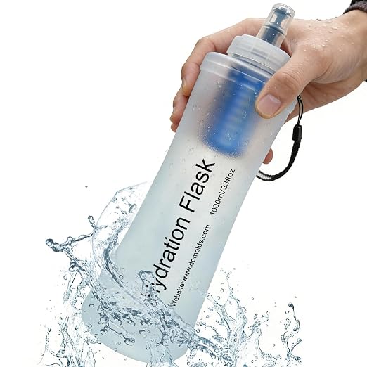 AXEN Collapsible Water Bottle with Filter System, Soft Hydration Flask for Trail Running, Camping, Hiking, Cycling, 1L Clear