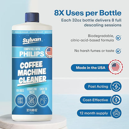 Descaling Solution Compatible with Philips Saeco | Free Cleaning Cloth | 12 Month Supply | Made in the USA | Descaler for Philips Machines | 32 Oz | Coffee Machine Cleaner and Decalcifier
