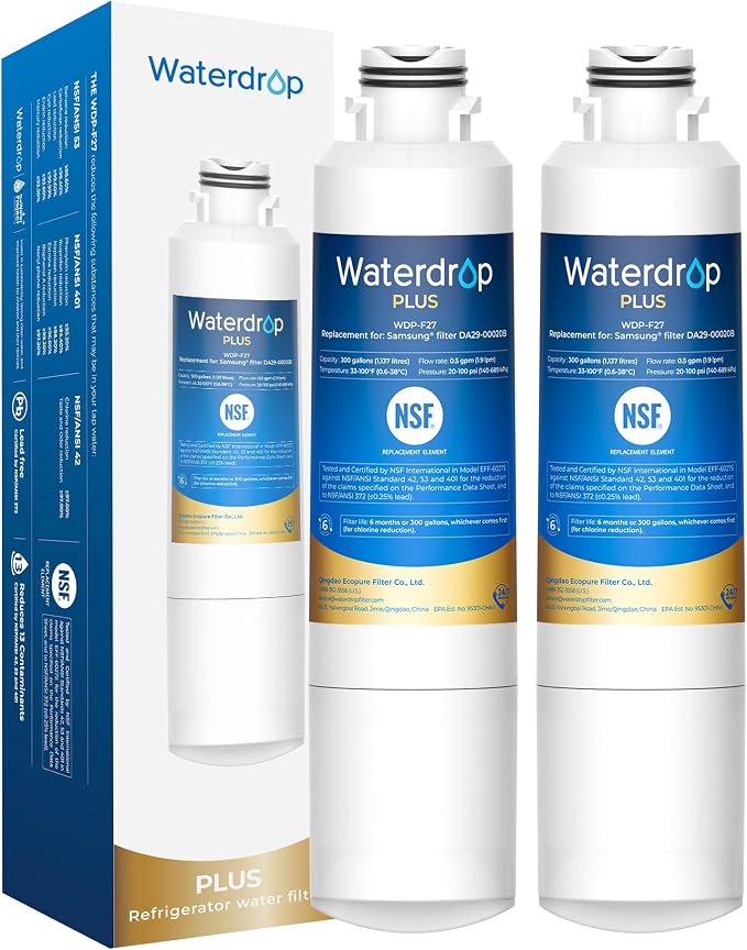 Waterdrop Plus WDP-F27 NSF 401 Certified Refrigerator Water Filter, 2 Pack | DA29-00020B, DA97-08006A, 46-9101, HDX FMS-2, RF263BEAESR, Reduce Chlorine, bad Taste and Odor, Refrigerator Water Filter