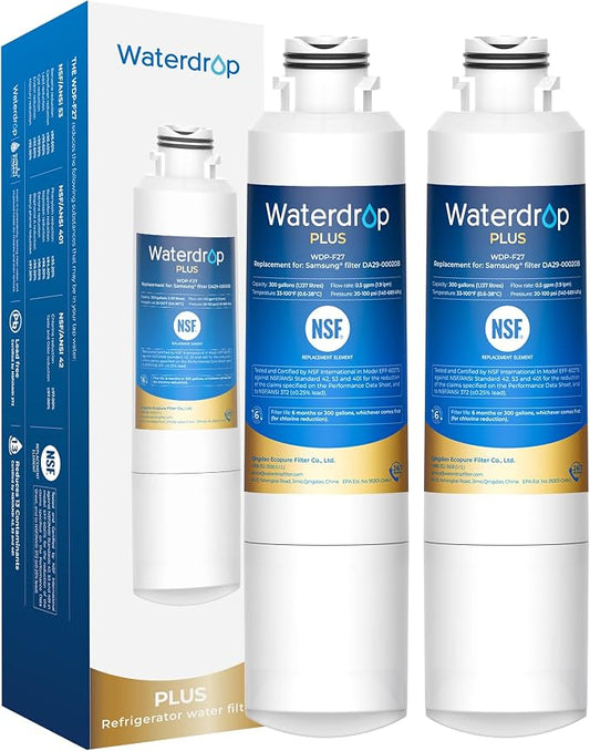 Waterdrop Plus WDP-F27 NSF 401 Certified Refrigerator Water Filter, 2 Pack | DA29-00020B, DA97-08006A, 46-9101, HDX FMS-2, RF263BEAESR, Reduce Chlorine, bad Taste and Odor, Refrigerator Water Filter