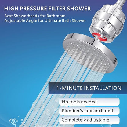 High Pressure Filtered Shower Head Set, 6’’ Rain Shower Filter for Hard Water, Universal Round Showerhead 20 Stage Filtration Removes Impurities for Rejuvenated Skin by Eolax, Chrome