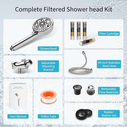 Filtered Shower Head with Handheld, 9 Spray Mode High Pressure Shower Head with 4 Filters, Hard Water Filter Showerhead - Remove Chlorine, Chrome