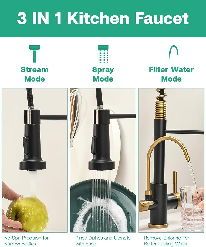 GIMILI 3 in 1 Kitchen Faucet with Pull Down Sprayer Black and Gold Two Handle Kitchen Sink Faucet with Under Sink Water Filter System Reduces PFAS, PFOA/PFOS, Lead, Chlorine, Bad Taste & Odor