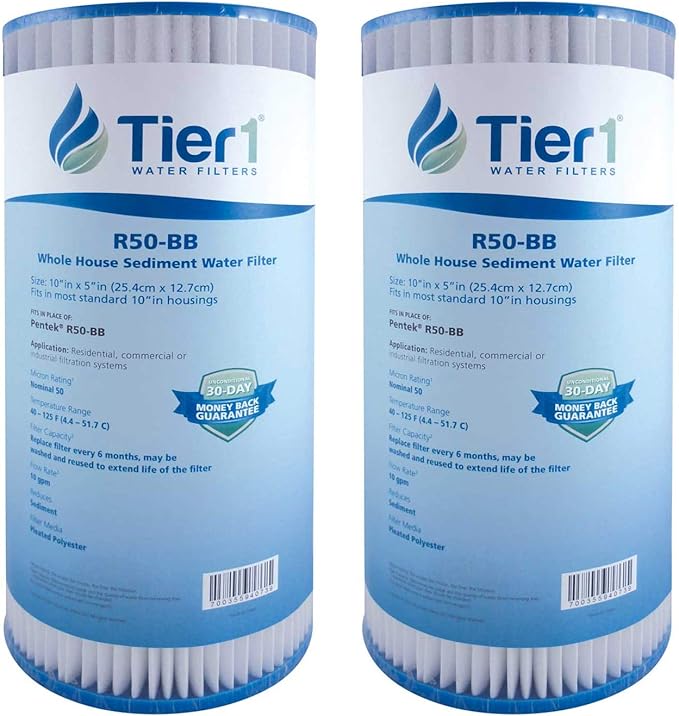 Tier1 50 Micron 10 x 4.5 Water Filter | Pleated Polyester Whole House Sediment Filter Cartridge | Replacement for Pentek R50-BB, 155053-43, SPC-45-1050 | High Flow 4.5 x 10 Water Pre-Filter (2-Pack)