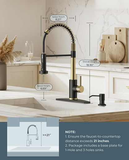 FORIOUS Kitchen Faucet with Pull Down Sprayer, Stainless Steel Commercial Single Handle Classic Spring Pull Out Sink Faucet for Pot Filler, Farmhouse Camper Bar Laundry Room, Black Gold