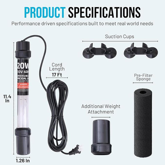 20W UV Water Clarifier with 17ft Cable for 100-1000 Gallon Aquariums, Ponds & Pools - Professional UV Light for Green Water Control in Koi Ponds, Fish Tanks, Spas & Cold Plunge