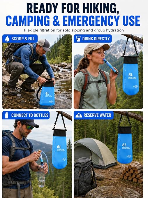 Gravity Water Filter System, TPU Water Purifier Bag, 0.01 Micron Ultrafiltration, 4000L Lifespan, BPA-Free Portable Water Filtration for Camping, Backpacking, Survival Gear (1.6 Gallon/6L)