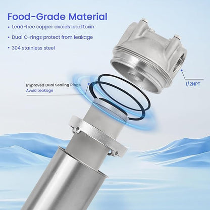 Amwater NSF/ANSI 42 Stainless Steel Whole House Water Filter Housing, 10" x 2.5" Sediment Water Filter System for Heavy Duty, Well & City Water, 1/2" NPT Port, Drain Valve Style A(Wing)