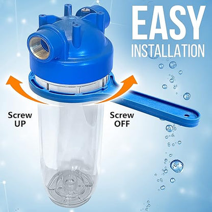 10 Inches European Design Transparent Standard Whole House Water Filter System with Presser Relief Valve, 3/4” Inlet/Outlet Brass Port and Yearly Supply (3) Block Activated Carbon Cartridges 5 Micron