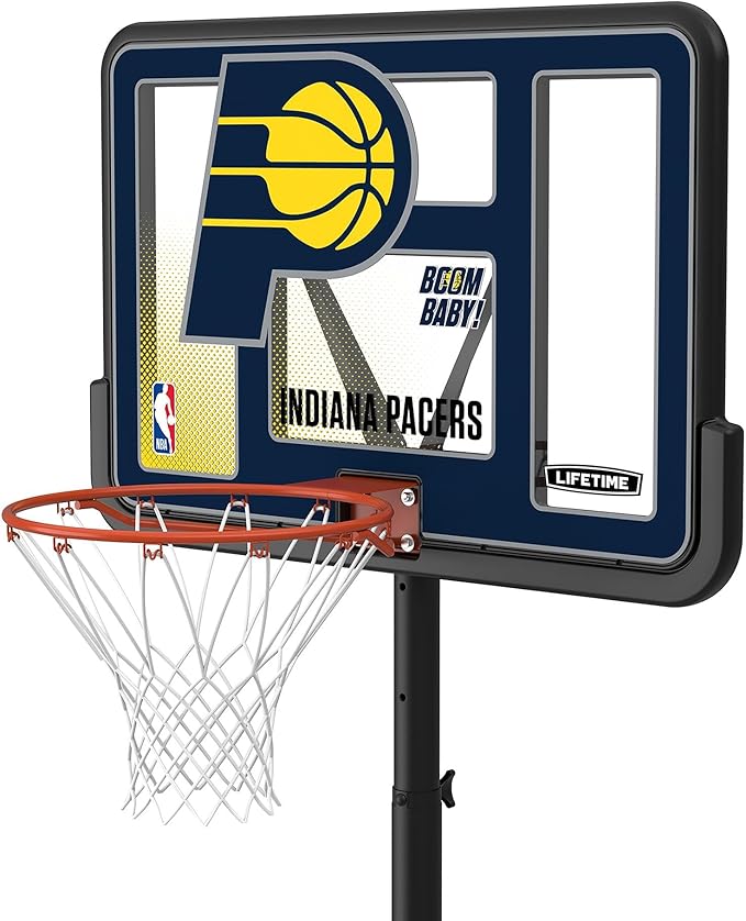 Lifetime NBA Indiana Pacers Portable Basketball Hoop, Adjustable Height 7.5-10 Ft, 44 Inch Shatterproof Fusion Backboard, Base with Wheels